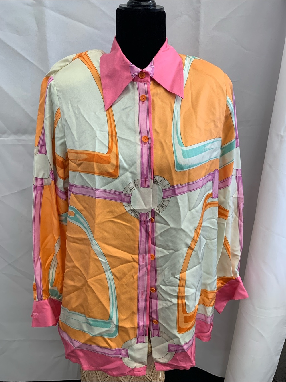 Celine Pink, Orange & Mint Geometric Silk Blouse